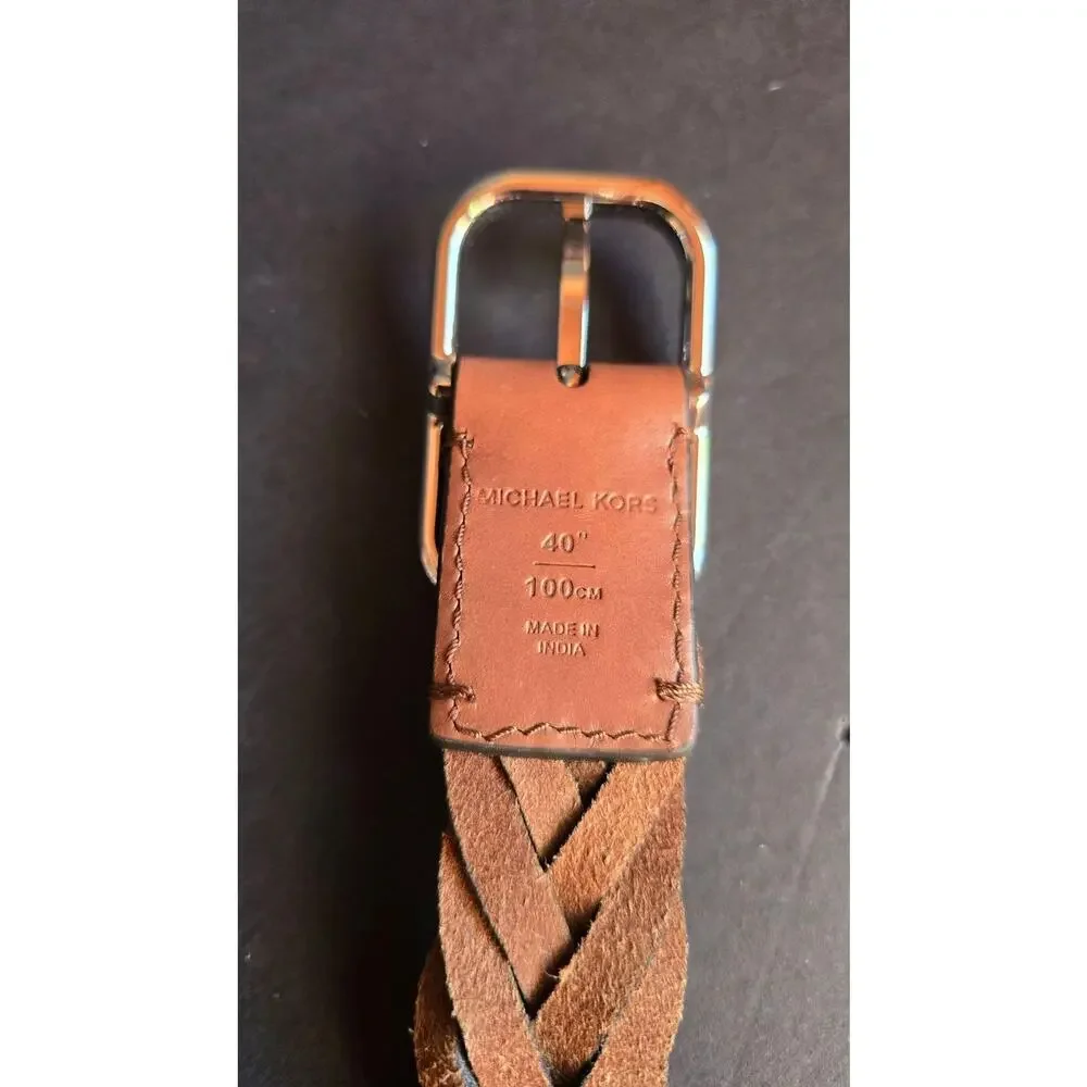 Michael Kors Belt Mens Size 45 Brown Leather Braided Woven Silver Buckle